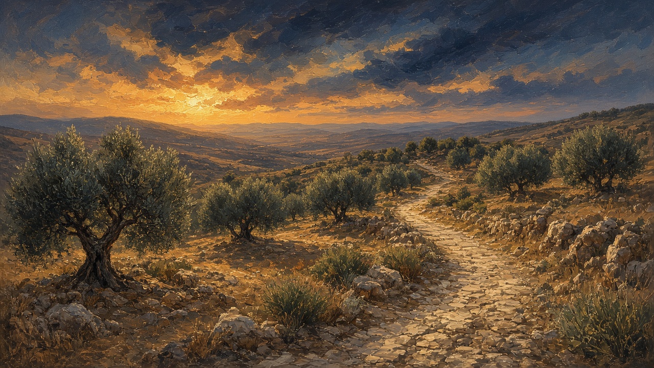A dusk olive path winding toward the horizon.